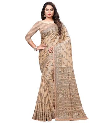 Beige printed Silk blend saree with blouse 1