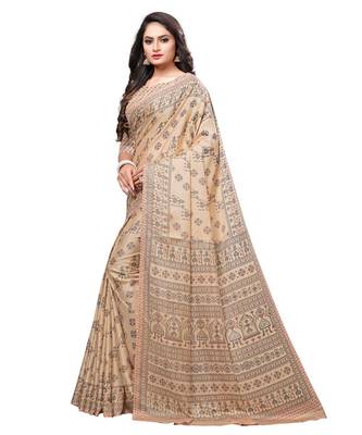 Beige printed Silk blend saree with blouse 2
