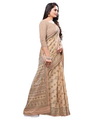 Beige printed Silk blend saree with blouse 3