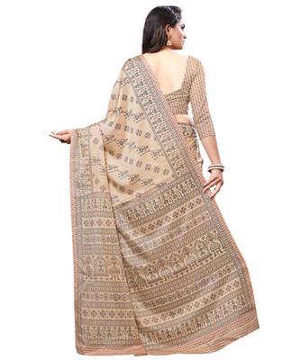 Beige printed Silk blend saree with blouse 4
