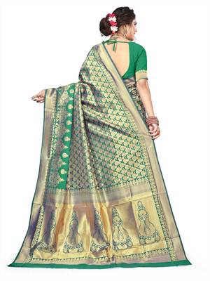 green woven art silk saree with blouse 3