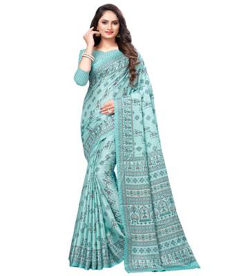 Green printed Silk blend saree with blouse 1