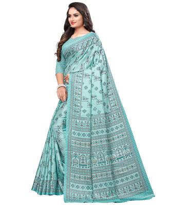 Green printed Silk blend saree with blouse 2