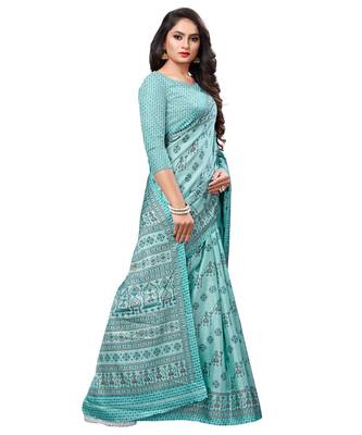 Green printed Silk blend saree with blouse 3