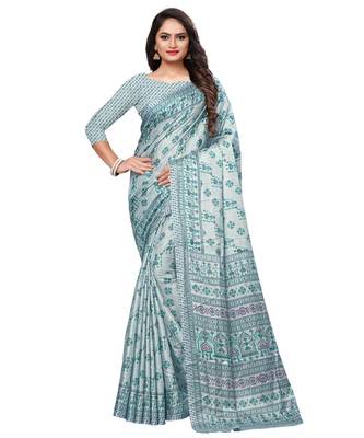 Grey printed Silk blend saree with blouse 1