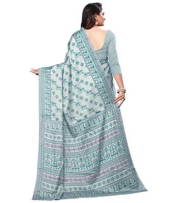 Grey printed Silk blend saree with blouse 4