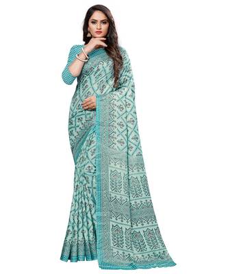 Green printed Silk blend saree with blouse 1