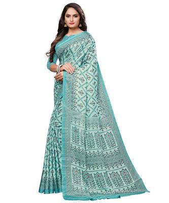 Green printed Silk blend saree with blouse 2