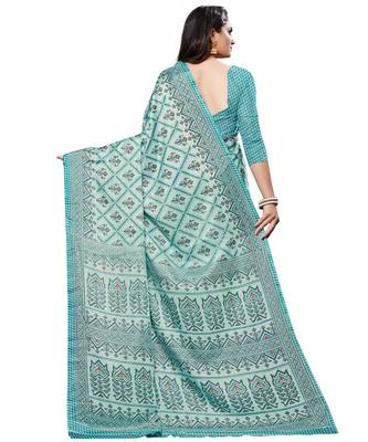 Green printed Silk blend saree with blouse 4