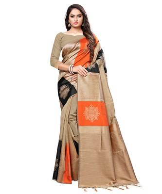 Beige woven art silk saree with blouse 1