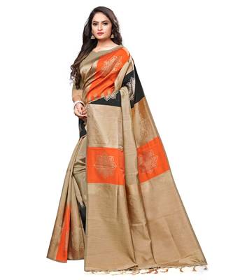 Beige woven art silk saree with blouse 2