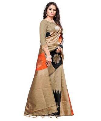 Beige woven art silk saree with blouse 3