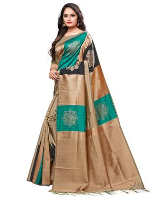Beige woven art silk saree with blouse 2