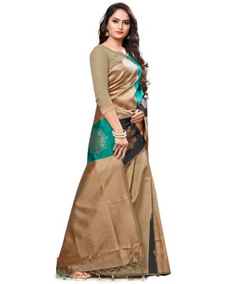 Beige woven art silk saree with blouse 3