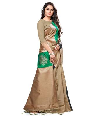 Beige woven art silk saree with blouse 3