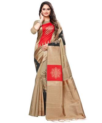 Beige woven art silk saree with blouse 1