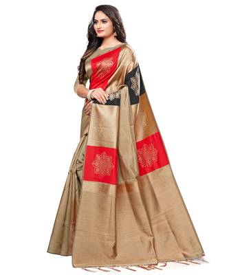 Beige woven art silk saree with blouse 2