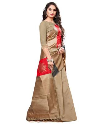 Beige woven art silk saree with blouse 3