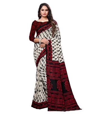 Cream printed cotton saree with blouse 1