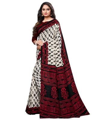Cream printed cotton saree with blouse 2