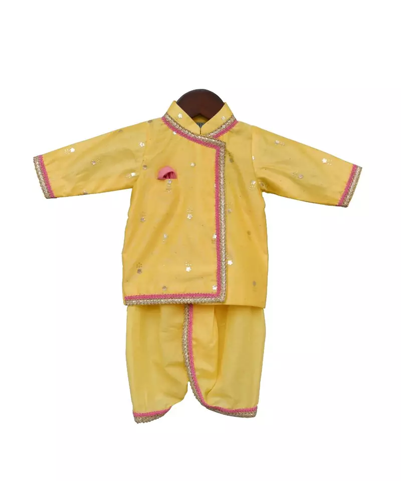 Yellow Chanderi Foil Printed Angrakha with Dhoti
