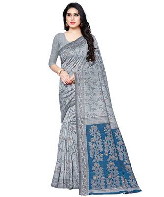 Grey printed cotton saree with blouse 1