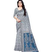 Grey printed cotton saree with blouse