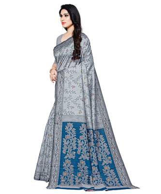 Grey printed cotton saree with blouse 2
