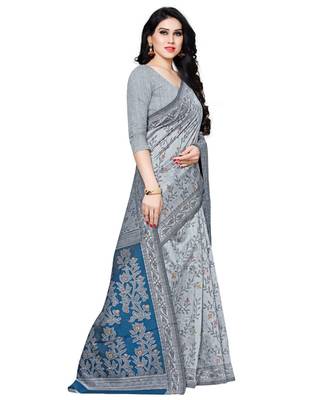 Grey printed cotton saree with blouse 3