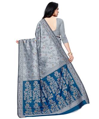 Grey printed cotton saree with blouse 4