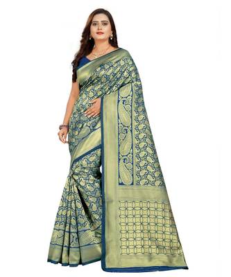 blue woven art silk saree with blouse 1