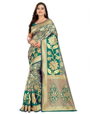 green woven art silk saree with blouse 1