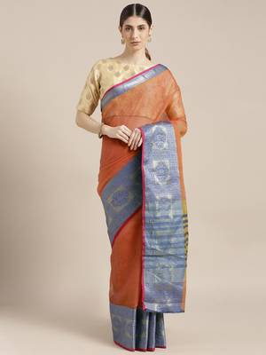 Kimisha Women's Orange Cotton Blend Kota Doria Saree with Zari Border 1