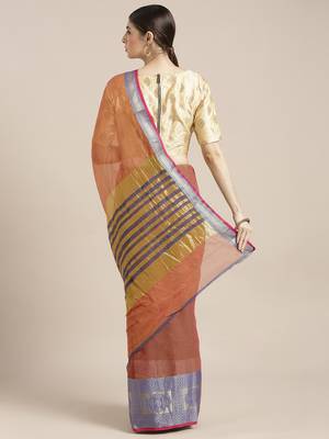 Kimisha Women's Orange Cotton Blend Kota Doria Saree with Zari Border 2