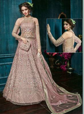 Pink Embroidered Net Semi Stitched Salwar With Dupatta 1
