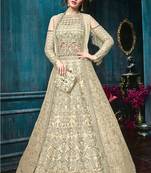 Cream Embroidered Net Semi Stitched Salwar With Dupatta