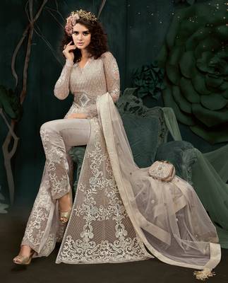 Purple Embroidered Net Semi Stitched Salwar With Dupatta 3