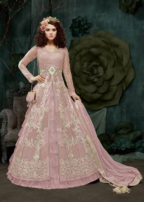 Pink Embroidered Net Semi Stitched Salwar With Dupatta 1