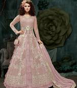Pink Embroidered Net Semi Stitched Salwar With Dupatta