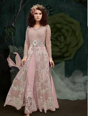 Pink Embroidered Net Semi Stitched Salwar With Dupatta 3
