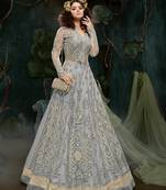 Grey Embroidered Net Semi Stitched Salwar With Dupatta
