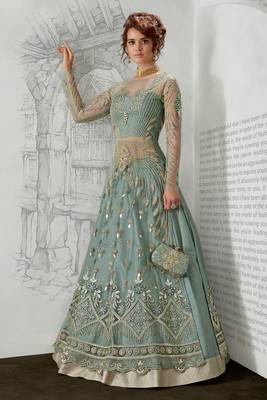 Green Embroidered Net Semi Stitched Salwar With Dupatta 1