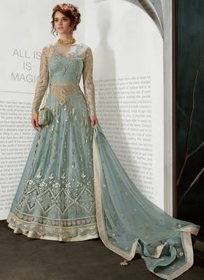 Green Embroidered Net Semi Stitched Salwar With Dupatta 2