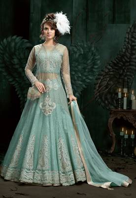 Turquoise Embroidered Net Semi Stitched Salwar With Dupatta 1