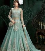 Turquoise Embroidered Net Semi Stitched Salwar With Dupatta