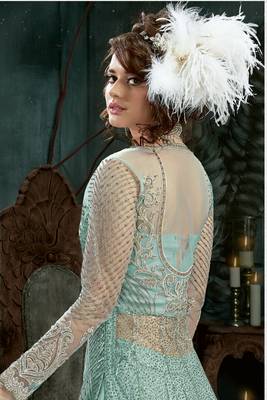 Turquoise Embroidered Net Semi Stitched Salwar With Dupatta 2