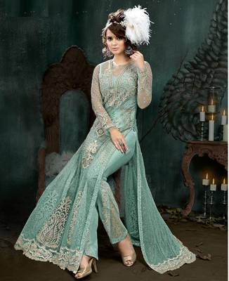 Turquoise Embroidered Net Semi Stitched Salwar With Dupatta 3