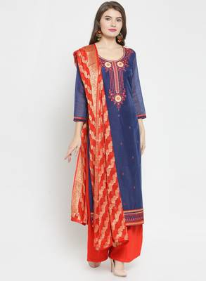Navy Blue & Red Embroidery with velvet Work Unstitched salwar with dupatta 1