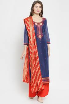 Navy Blue & Red Embroidery with velvet Work Unstitched salwar with dupatta