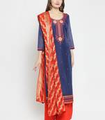Navy Blue & Red Embroidery with velvet Work Unstitched salwar with dupatta